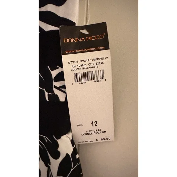 NWT Donna‎ Ricco New York Black White Floral Pattern Sleeveless Dress Sz 12 - Picture 7 of 7